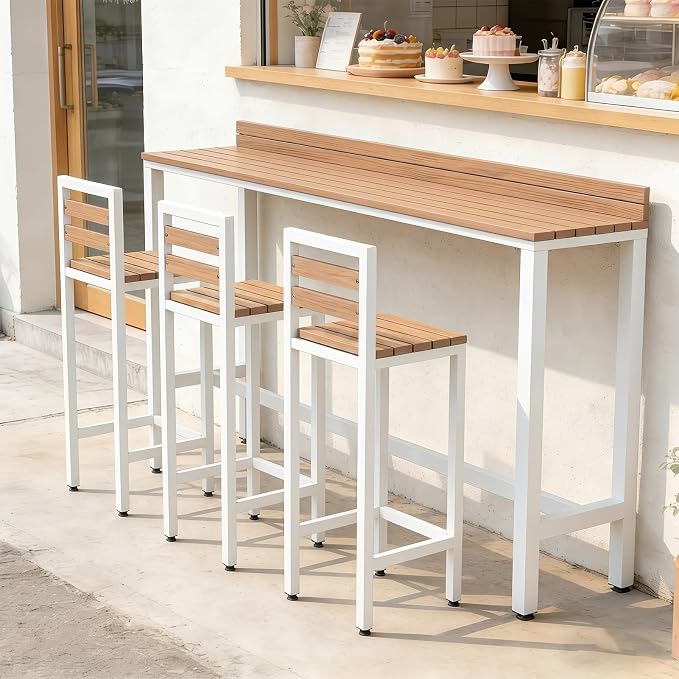 Outdoor Patio Bar Height Table with Baffle, Weather Resistant High Counter Table Porch Pub Tables Wood-Plastic Tabletop, for Poolside Garden Balcony Restaurant Cafe(White,63"x15.7"x40.5")