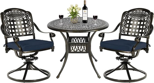 MEETWARM 3-Piece Outdoor Patio Dining Set, All-Weather Cast Aluminum Patio Conversation Set, 2 Cushions Swivel Rocker Chairs and 35.4" Round Table for Backyard Garden Deck, Umbrella Hole, Navy Blue