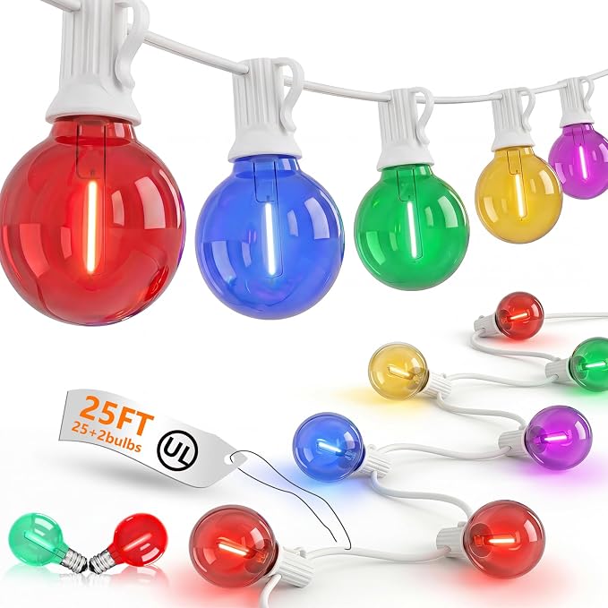 25Ft LED Outdoor String Lights, G40 Outdoor Christmas Decorations Lights Waterproof with 27 LED Globe Multicolor Bulb, Hanging Vintage Christmas Lights for Patio Roofline Backyard Garden Party Decor