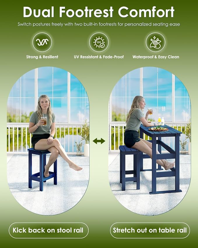 GREENVINES Outdoor-Bar-Set | HDPE Plastic | 3-Piece | 37″ Counter Height Patio Table & 2 Backless Stools | Rectangle | High Top | All Weather | for Backyard Balcony Poolside | Blue