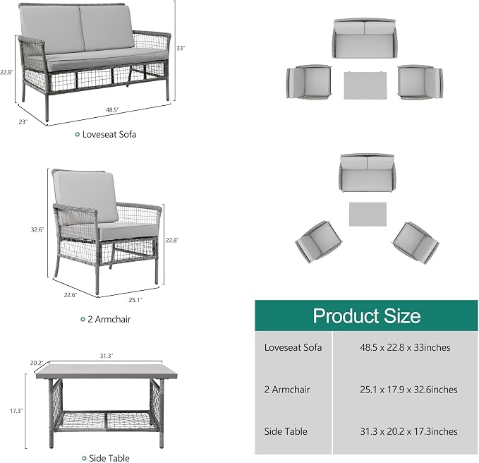 DECMICO 4 Pieces Outdoor Patio Furniture Set, Wicker Rattan Chairs & Loveseat Couch with Side Table and Cushions, All-Weather Patio Seating Set for Backyard, Deck, Porch (Light Gray)