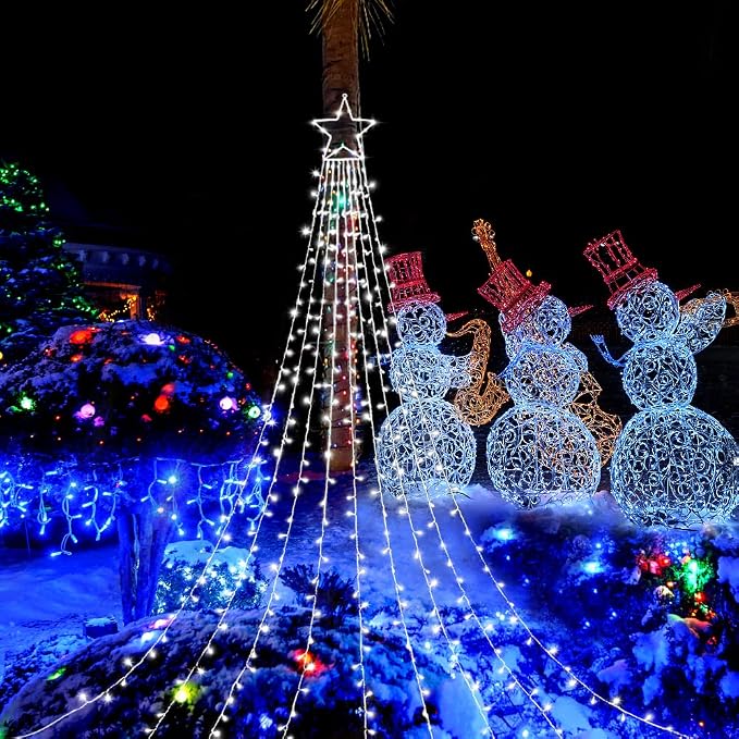 Outdoor Christmas Star Lights 320 LED Waterfall Christmas Tree Lights 8 Lighting Modes Outdoor Christmas Decorations Star String Lights for Outside Tree Wall Yard Xmas Wedding Party (White)