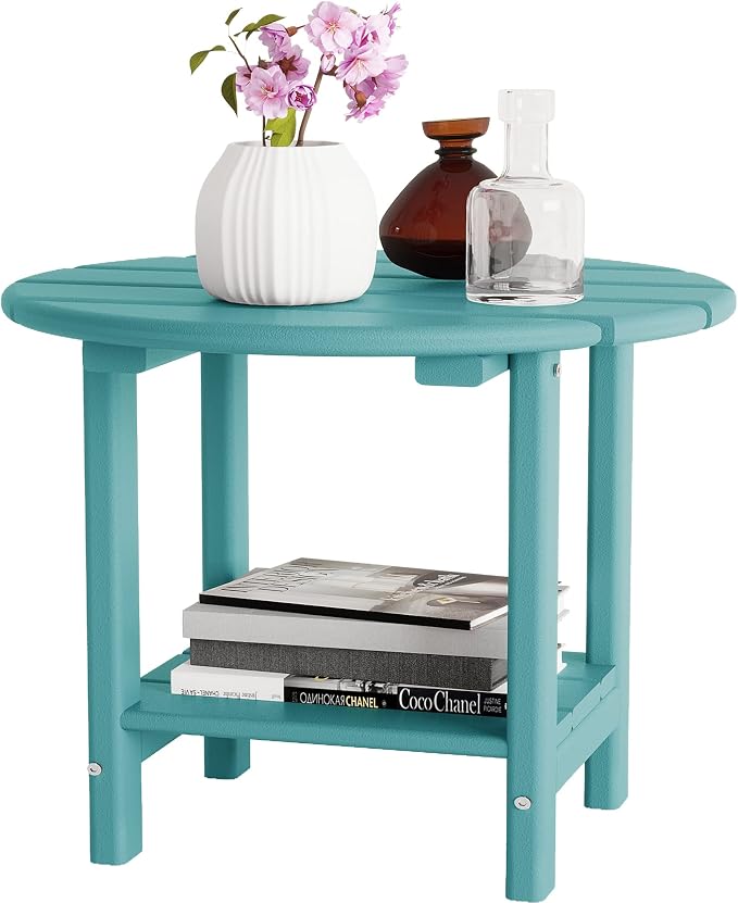 Sundale Outdoor 18" Round Small Side Table, Patio Adirondack End Table All Weather HDPE Water Resistant 2 Tier Round Outside Table for Pool, Garden, Beach, Turquoise