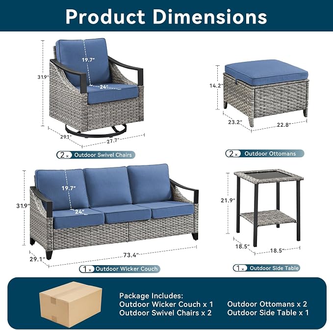 6 Piece Outdoor Patio Furniture Sets-High Back Wicker Swivel Rocker Patio Chairs Set of 2 with Thick Cushions Ottomans, Outdoor Sofa, Patio Conversation Sets for Porch Balcony Patio Deck Grey/Blue