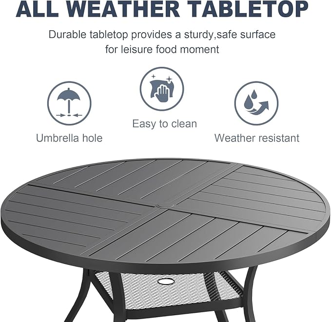 VICLLAX 7 Pieces Patio Outdoor Dining Set, 47.2" Round Metal Table with Umbrella Hole and Storage Shelf, 6 Stackable Textilene Chairs for Patio, Lawn, Garden, Porch, Black/Brown