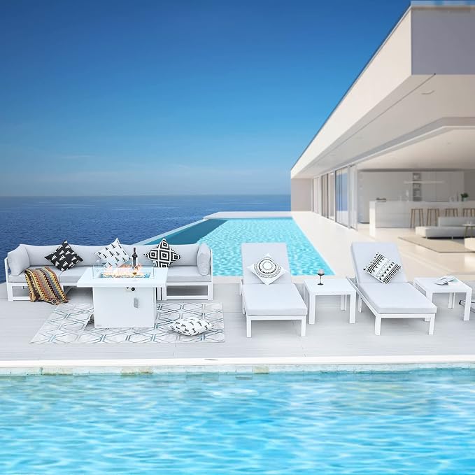 BULEXYARD 9 Pcs White Aluminum Patio Furniture Set with Fire Pit Table & Light Gray Cushion, Large Modern Outdoor Modular Sectional Sofa, Luxury Deep Seat Conversation for Backyard Pool