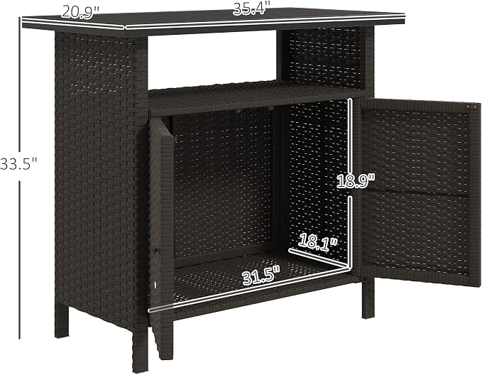 Outsunny Wicker Outdoor Storage Cabinet, Rattan Bar Table with 2 Doors and Shelf, Buffet Sideboard with Metal Slatted Countertop for Poolside, Patio, Backyard, Dark Coffee