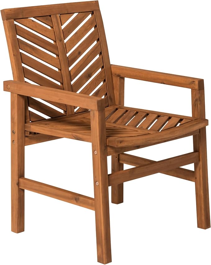Walker Edison 4 Person Outdoor Wood Chevron Patio Furniture Dining Set Table Chairs All Weather Backyard Conversation Garden Poolside Balcony, 5 Piece, Brown
