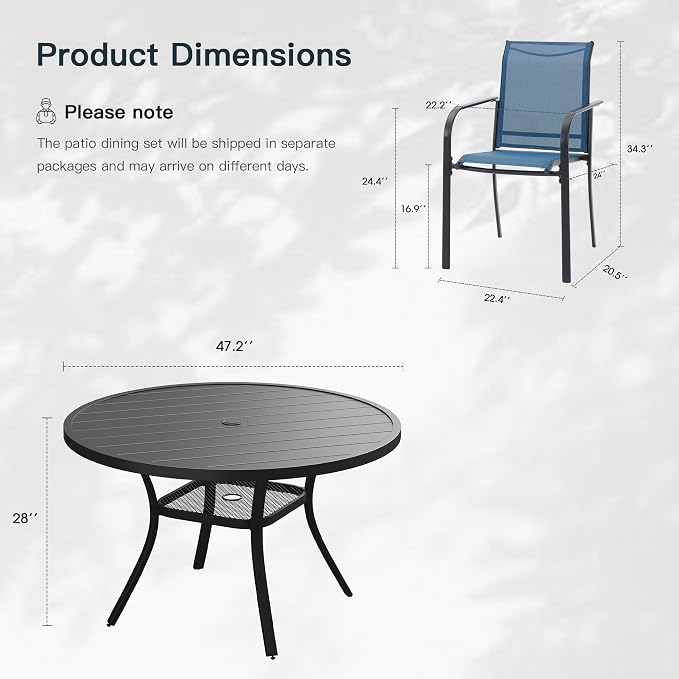 VICLLAX 7 Pieces Patio Outdoor Dining Set, 47.2" Round Metal Table with Umbrella Hole and 6 Stackable Textilene Chairs for Patio, Lawn, Garden, Porch, Black/Dark Blue