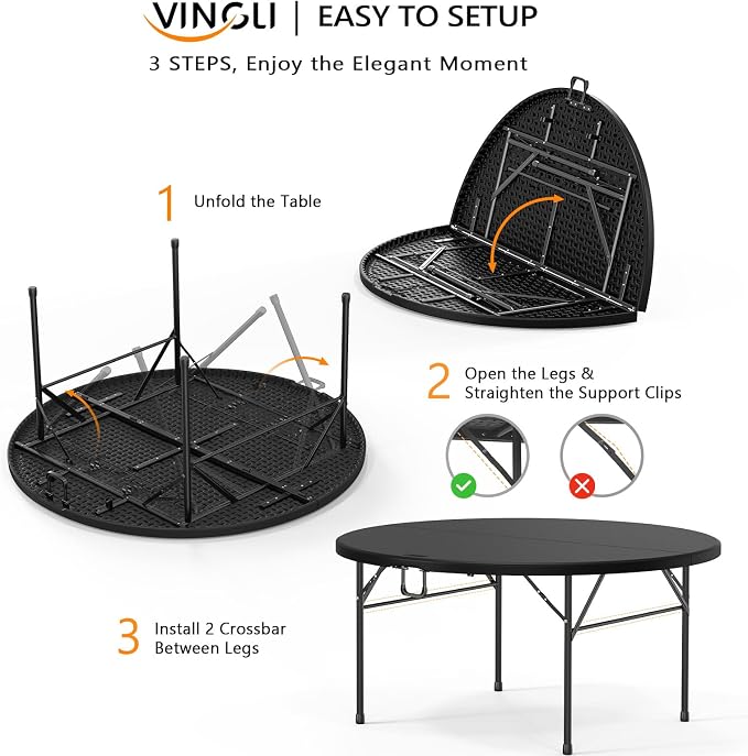 VINGLI 5 FT Black Round Bi-Folding Commercial Table, 60 inch Portable Plastic Dining Card Table for Kitchen Party Wedding Event, 2-Pack