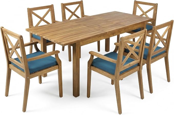 7-Piece Outdoor Patio Expandable Dining Table Set, All-Weather Acacia Wood Dinning Set with 6 Armchair and Cushions for Garden Backyard Balcony Deck Poolside (Blue Cushions+Teak)