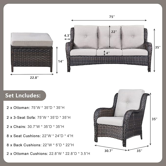 Rilyson Wicker Patio Furniture Set - 6 Piece Rattan Outdoor Sectional Conversation Sets with 2 Sofa,2 Armrest Chairs and 2 Ottomans for Porch Deck Garden(Brown/Beige)