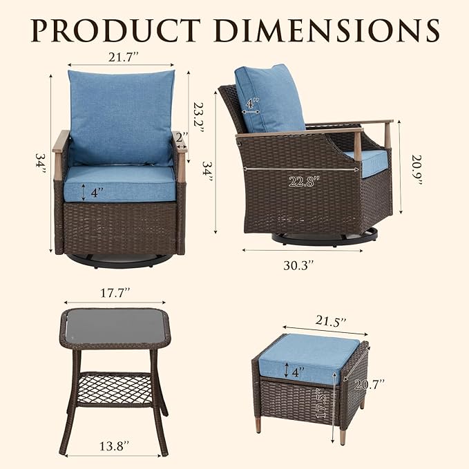 MELLCOM Patio Furniture Set, 5PCS Outdoor Wicker Conversation Set with 4" Thick Cushions, Weather Resistant Olefin Fabric for Garden, Poolside, Blue