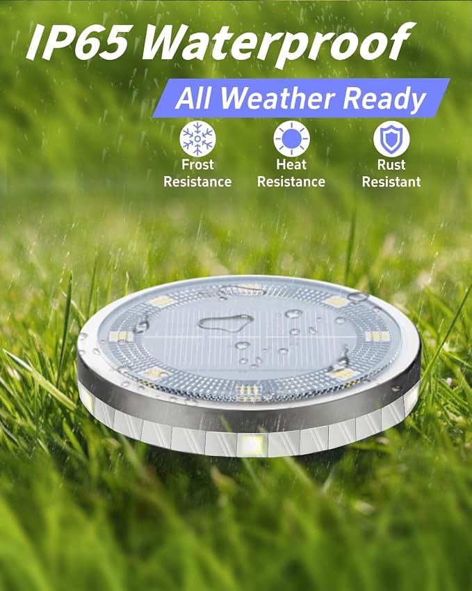 Solar Ground Lights Outdoor 2 Pack Waterproof, Upgraded Solar Garden Lights with 4 Side Light, Stainless Steel Solar Powered Disc Landscape Light for Walkway Pathway Lawn Yard Patio Deck-Cool White