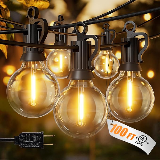 Outdoor String Lights, 100FT 50+2 G40 Bulbs Shatterproof Patio Lights | IP65 Waterproof Dimmable Hanging Connectable Globe LED Outdoor Lights for Christmas, Backyard, Bistro, Porch, Deck, Balcony