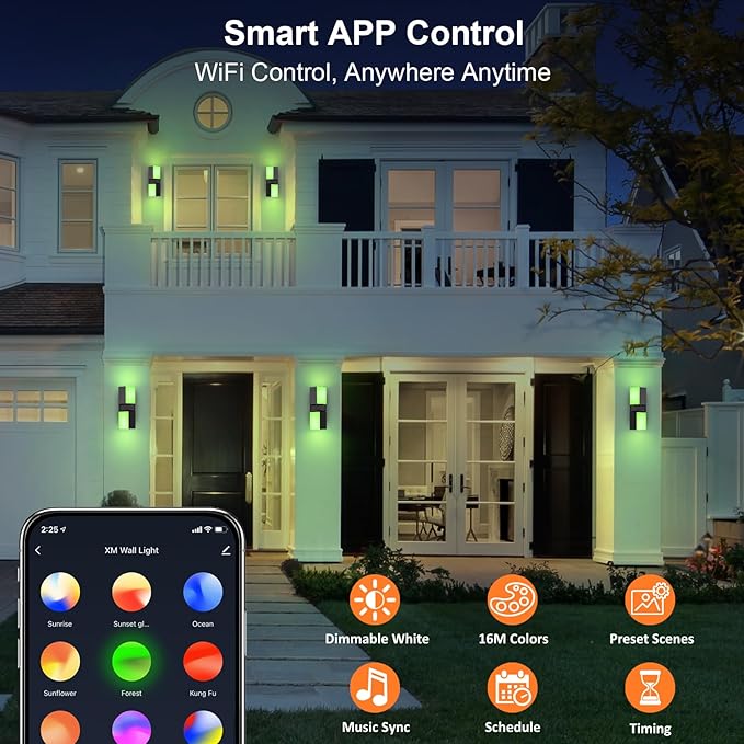 XMCOSY+ Smart Outdoor Wall Lights, 1400LM RGBCW Porch Lights 2-Pack | Smart App Control, Alexa Compatible, Color Changing Warm & Cool White, IP65 Waterproof 350° rotating dual heads Wall Sconce