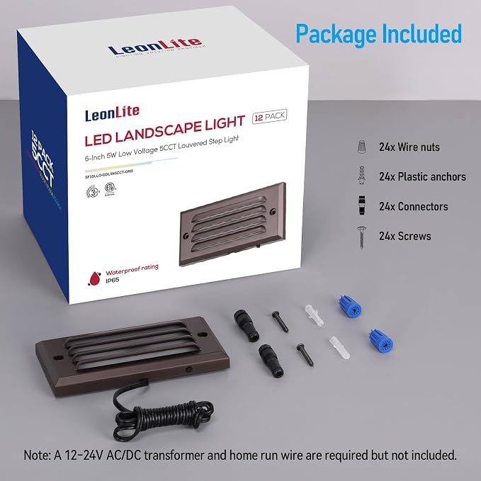 LEONLITE 12-Pack 5CCT 6 Inch Low Voltage LED Step Lights Outdoor | Horizontal Louvered Stair Lights, 12–24V AC/DC, IP65 Waterproof, 1800/2700/3000/4000/5000K, ETL, Aluminum, Oil Rubbed Bronze