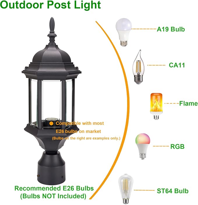 Outdoor Post Light, Rustproof Aluminum Pole Lamp, Black | Exterior Lamp Post Light Fixture for Garden, Yard, Pathway, Waterproof, Glass, E26 Base, Max 60W, 1 Pack