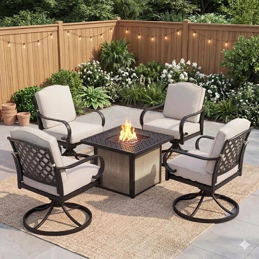 LIFE REDEFINED 5 Pieces Outdoor Patio Furniture Set with Fire Pit Table | Outdoor Conversation Set with 4 Swivel Rocking Chairs, Fireplace Patio Set for Garden, Backyard, Lawn