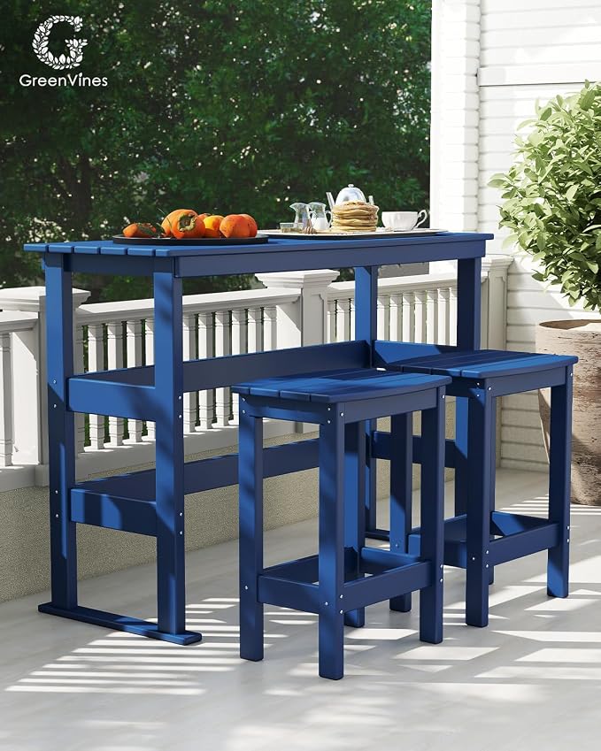 GREENVINES Outdoor-Bar-Set | HDPE Plastic | 3-Piece | 37″ Counter Height Patio Table & 2 Backless Stools | Rectangle | High Top | All Weather | for Backyard Balcony Poolside | Blue