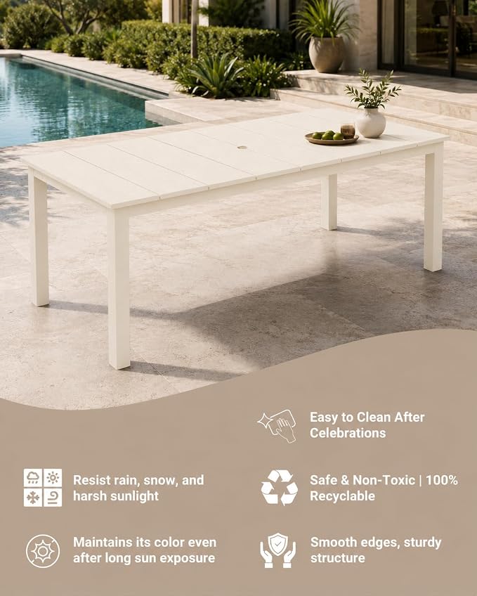 75.2" Outdoor Dining Table for 4-6 People, Patio Dining Outdoor Table with Umbrella Hole, All Weather Patio Table for Backyard, Deck and Garden, White