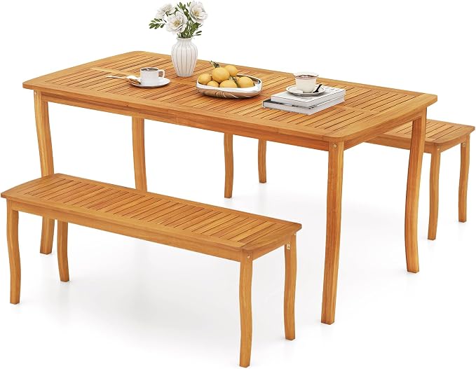 Tangkula 3 Pieces Patio Wood Dining Set, 63 Inch Outdoor Acacia Rectangular Table with 1.97” Umbrella Hole and Benches Set, for Deck, Garden and Backyard