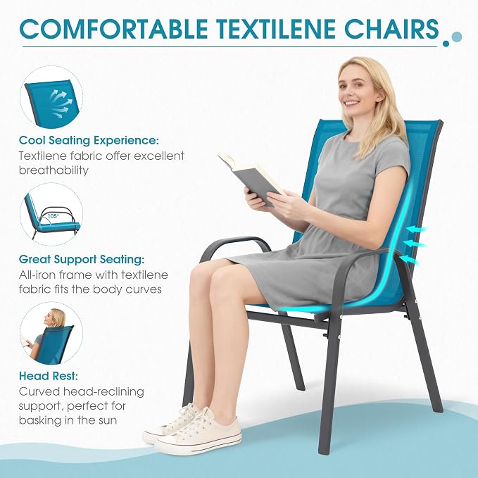 24.4" Wide Outdoor Stackable Chairs Set of 8, Stacking Patio Chairs with Textilene Fabric, Outside Furniture for Garden Backyard Balconie Poolside Deck, Blue