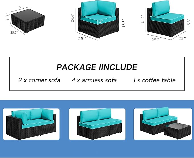 7 Piece Outdoor Patio Furniture Set,Black PE Rattan Wicker Sectional Sofa, All Weather Conversation Set with Washable Cushions & Glass Coffee Table for Backyard Poolside Garden Porch,Blue