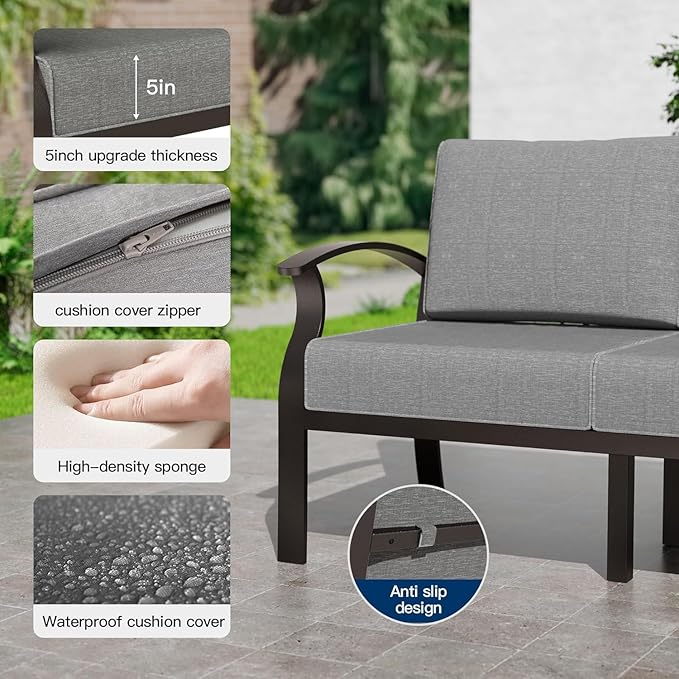 Kullavik Aluminum Patio Furniture Set,9 Piece Modern Metal Outdoor Patio Furniture w/5.1'' Thick Cushion,Swivel Chairs,Ottomans and Propane Fire Pit Table,Patio Conversation Sets for Porch,Deck,Grey
