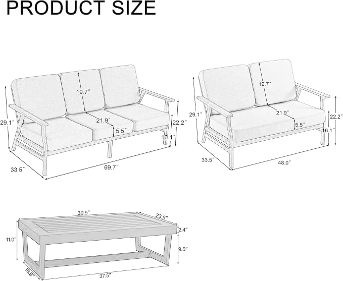 3 Pieces Patio Furniture Sets, Black Wood Outdoor Sectional Furniture with Coffee Table, 5 Seats Patio Sofa Couch Conversation Set for Backyard Deck - Dark Gray
