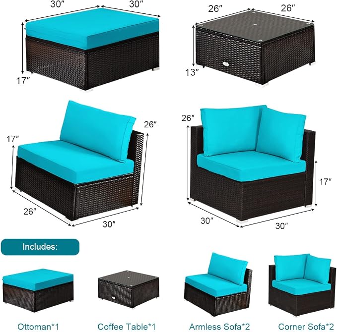 RELAX4LIFE 6-Piece Patio Sofa Set - Outdoor Sectional Sofa Set Wicker Conversation Set w/Table & Removable Cushions, Modular Sofa Set Patio Furniture for Backyard, Poolside, Balcony (Turquoise)