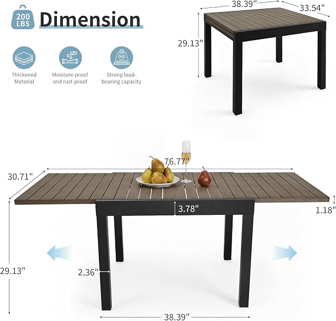 Expandable Patio Dining Table for 4-8 Person, Aluminum Extendable Outdoor Table, 38"-77" Adjustable Patio Table, Square/Rectangular Outdoor Accent Table for Garden, Backyard, Poolside, Gray