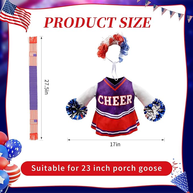 Patriotic Cheerleader Porch Goose Outfits – 4th of July Porch Goose Clothes with Pom Poms, 23 Inch Goose Statue Costume for Garden Patio USA 250th Anniversary