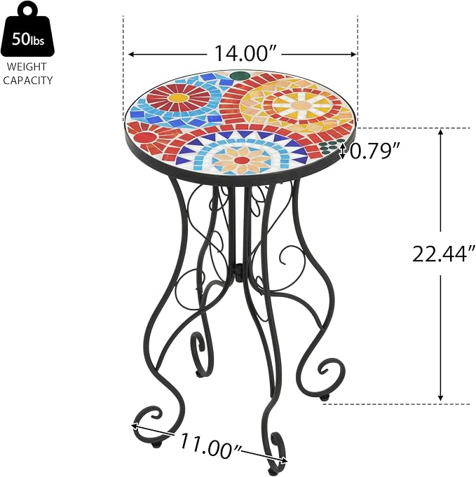 Christopher Knight Home Glady Outdoor Round Side Table, Patio End Table with Ceramic Top and Metal Frame, Small Decorative Accent Table for Patio Garden Porch Balcony, Colorful Gears