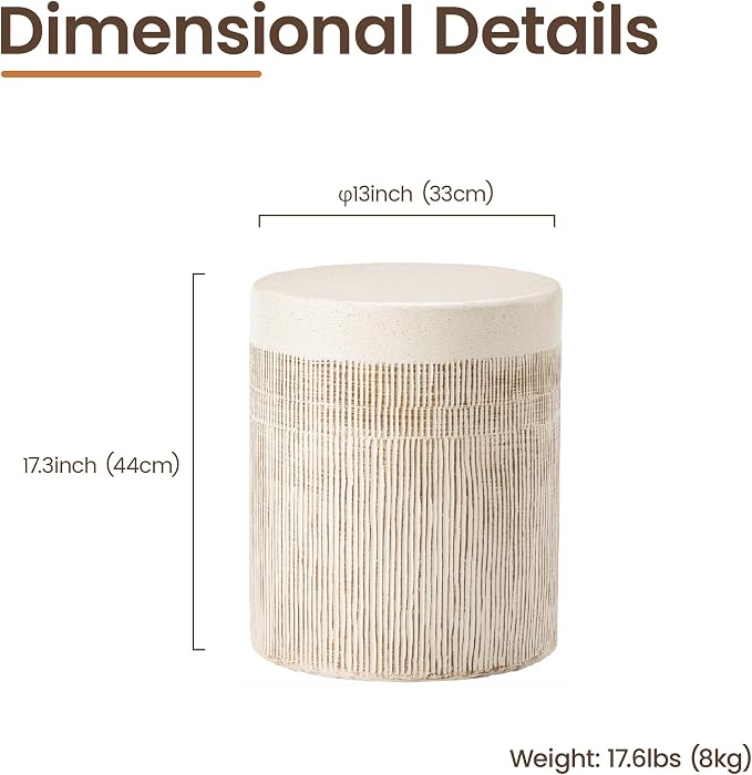 HOMPUS Outdoor Side Table, Concrete Side Table Design Vertical Thread, Patio Round Accent Coffee Table, Lightweight MgO Garden Tool for Patio, Porch and Deck, Light Beige