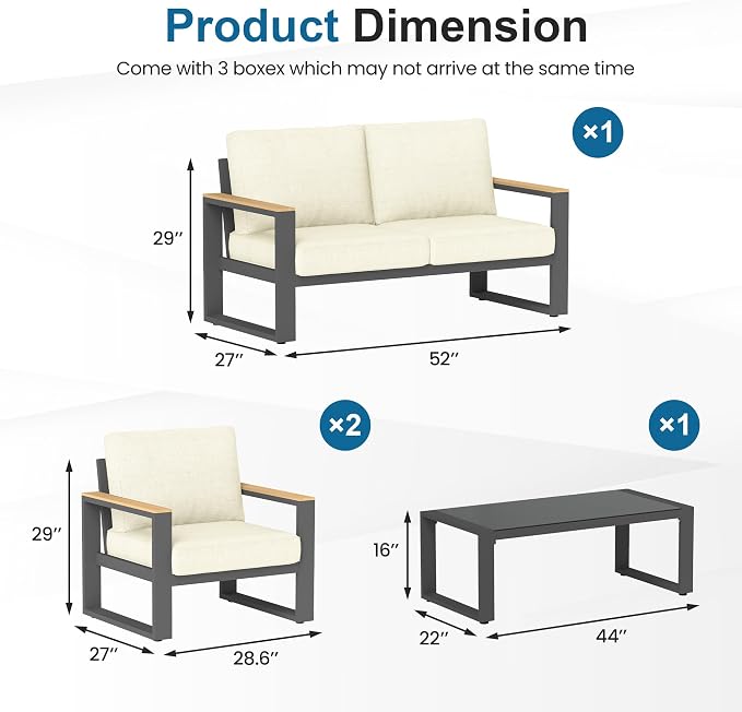 RoyalCraft Aluminum Patio Furniture, 4-Seats Metal Outdoor Furniture Set with Coffee Table, Modern Patio Sofa Sets Outdoor Conversation Set for Pool Garden Porch Backyard, Beige