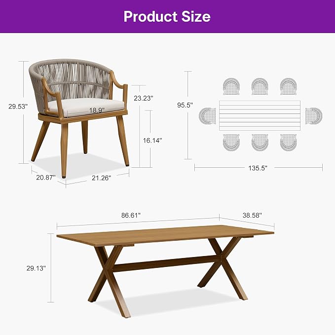 PURPLE LEAF 9 Pieces Outdoor Dining Set All Weather Wicker Patio Dining Set with Rectangular Aluminum Table and Modern Armrest Dining Chairs for Garden Deck Backyard Kitchen, Teak Finish