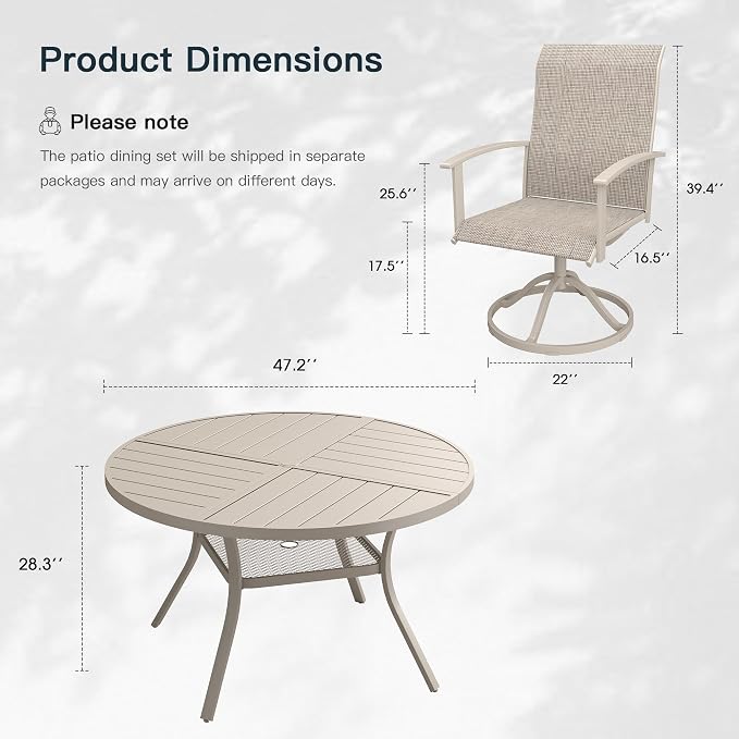 VICLLAX 5 Pieces Patio Outdoor Dining Set, 4 Swivel Textilene Chairs and 47.2" Round Metal Table with Umbrella Hole for Porch, Deck, Garden, Sandshell