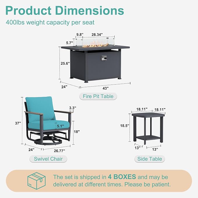 7Pcs Patio Rocking Swivel Chair with 55,000 BTU Fire Pit Table Outdoor Aluminum Bistro Set with Coffee Table, Patio Furniture Set with High Backrest & Thickened Cushions, Turquoise