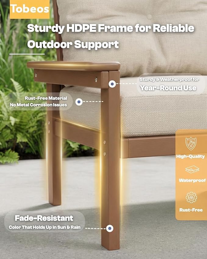 HDPE 7 Piece Patio Furniture Set, All-Weather Outdoor Couch Set with Thick Cushions & Coffee Table & Side Table, Patio Conversation Sets for Lawn, Garden, Porch, Balcony, Deck, Teak & Beige