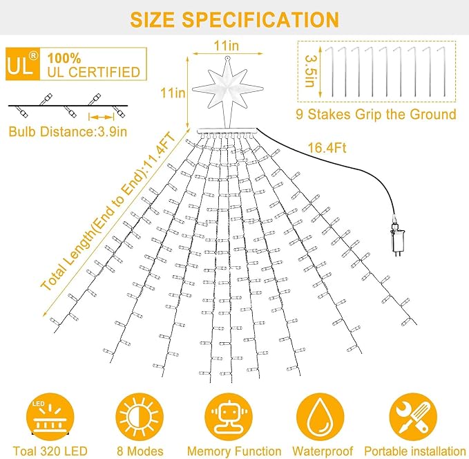 Christmas Decorations, Outdoor Christmas Lights, 320 LED Outdoor Christmas Tree String Lights with 12" Star Toppers [8 Modes& Waterproof] for Xmas New Year Holiday Decor (Dipper Warm+Multi)