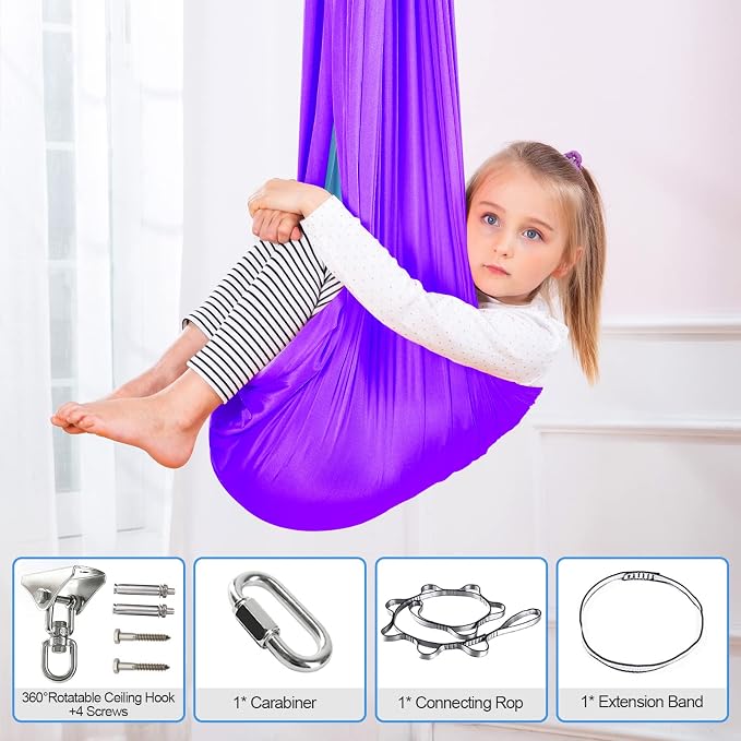 Therapy Swing Hammock Kids Cuddle Sensory Swing Indoor Therapeutic Hammock 360° Rotating Double Layer Elastic Rocking Cloth Swing Gifts for Children with ADHD SPD Asperger Autism (Purple+Sky Blue)