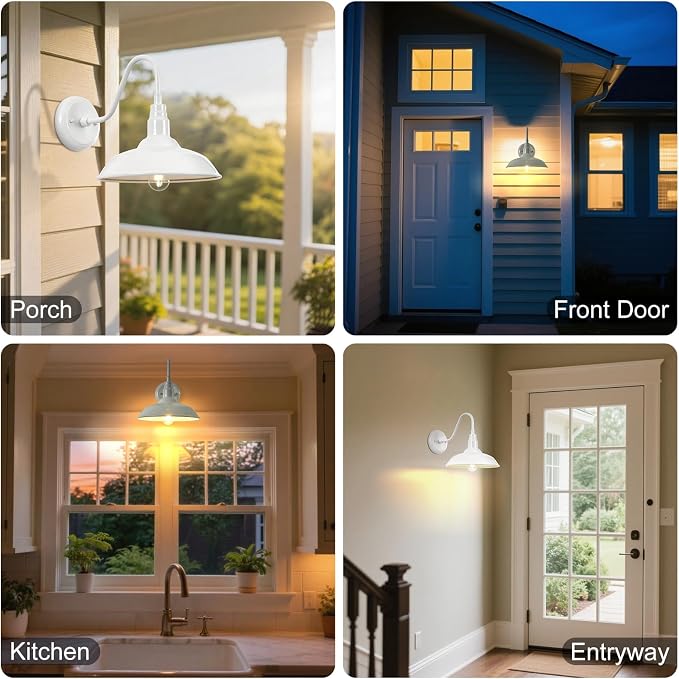 Outdoor Gooseneck Barn Light Fixture with Wall Mount, 10'' Diameter White Exterior Waterproof Wall Lantern for Porch, Farmhouse Wall Sconce, 2 Pack, LM2201-WH-2P