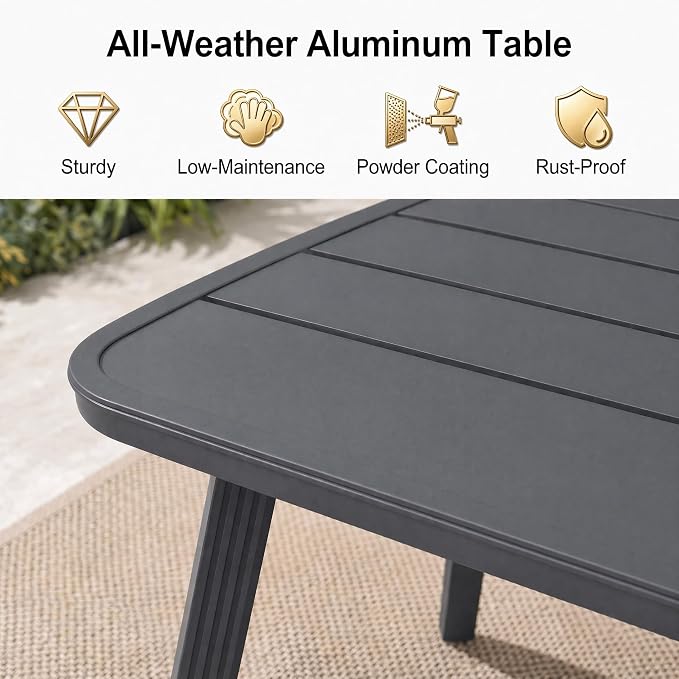 8-Pcs Aluminum Outdoor Dining Set, All-Weather Rattan Patio Furniture Set Include Two 51.2" Rectangular Tables & 6 PE Wicker Chairs with Waterproof Cushions for Balcony Backyard Garden Deck BBQ (Grey)