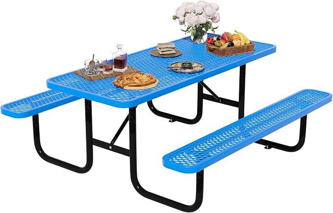 6FT Rectangular Steel Outdoor Picnic Table, Commercial Picnic Table Bench Set with Umbrella Hole, Weather-Resistant Heavy Duty School Dining Table for Stores, Park, Patio, Garden, Backyard, Blue