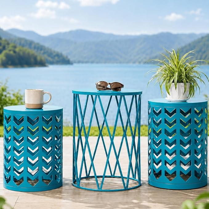 Y&M Set of 3 Nesting Metal Round Coffee Table, Side Table End Table for Indoor Outdoor Multifunctional Use,Heavy Duty Metal Plant Stand Decorative Garden Stool- Blue(Ship from US) | Outdoor side tables nesting design heavy duty metal waterproof patio b...
