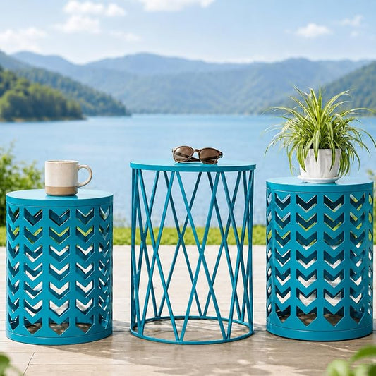 Y&M Set of 3 Nesting Metal Round Coffee Table, Side Table End Table for Indoor Outdoor Multifunctional Use,Heavy Duty Metal Plant Stand Decorative Garden Stool- Blue(Ship from US) | Outdoor side tables nesting design heavy duty metal waterproof patio b...