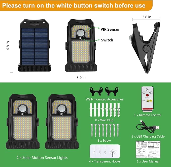 Tryme 118Leds Solar Lights Outdoor Clip Motion Sensor Lights Security Light 3 Modes, 3 Color Temperature, Solar Powered, USB Charging (2 Pack)