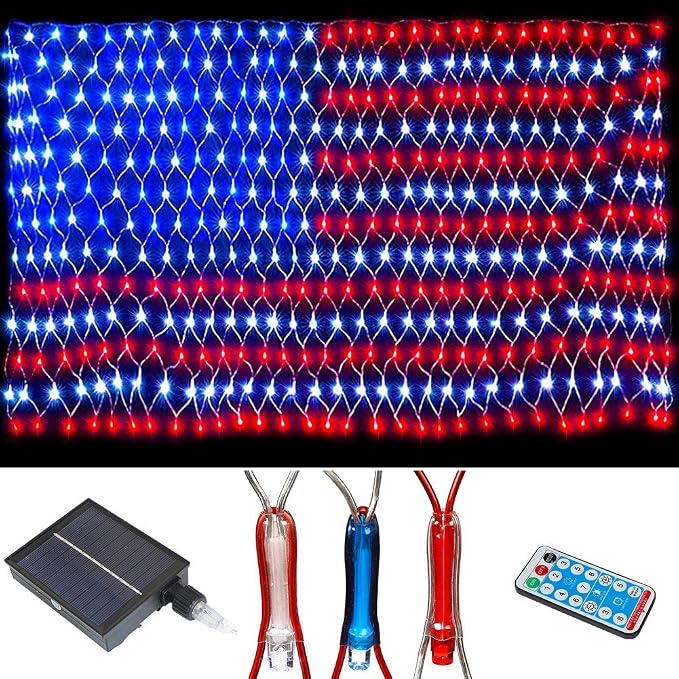 realization American Advanced Flag Lights, 420 LED Solar String Lights, Waterproof Led Flag Net Light of The United States for Memorial Day, Independence Day, 4th of July, Party, Yard Decorations