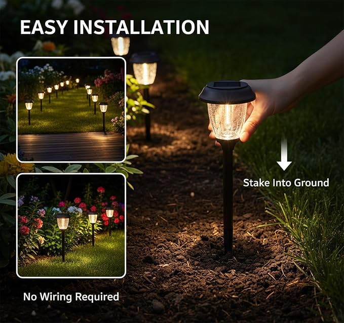 XMCOSY+ Solar Lights Outdoor, 10/25 LM 2 Lighting Modes Garden Lights 6 PCS | IP65 Waterproof Glass & Metal Garden Lights, Warm White LED Solar Powered Landscaping for Yard Pathway Walkway Driveway Patio